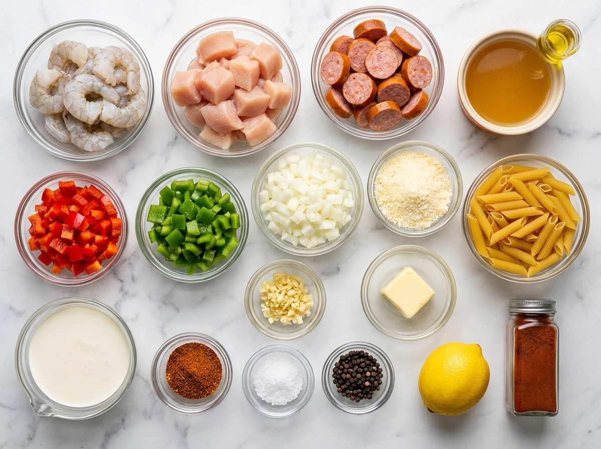 Ingredients for Cajun shrimp chicken pasta with sausage and peppers