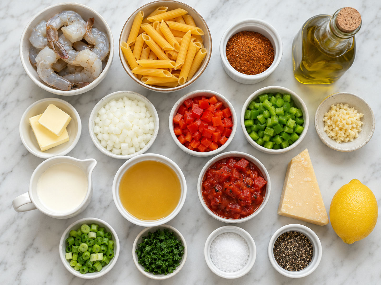 Ingredients for Cajun Shrimp Pasta with shrimp, penne, peppers, cream, and parmesan
