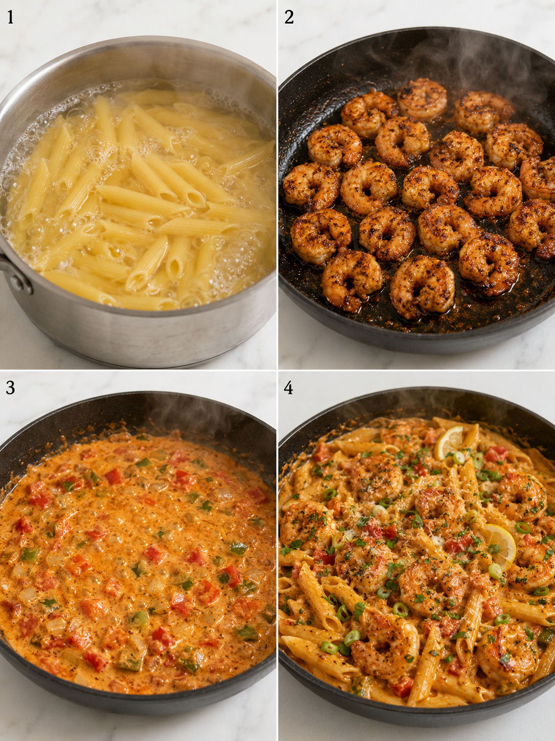 Four cooking steps for Cajun Shrimp Pasta from boiling pasta to tossing sauce
