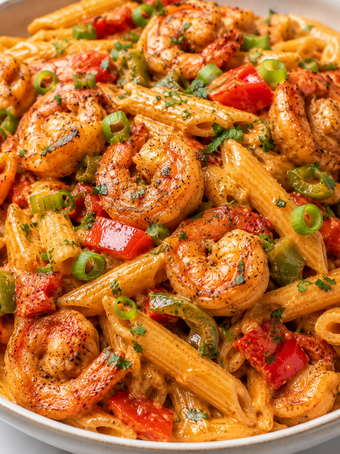 Creamy Cajun Shrimp Pasta with seared shrimp, peppers, scallions, and parsley