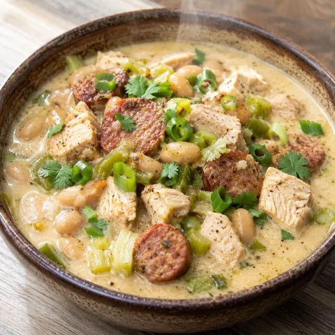Cajun white chicken chili with sausage and beans in a rustic bowl topped with green onions