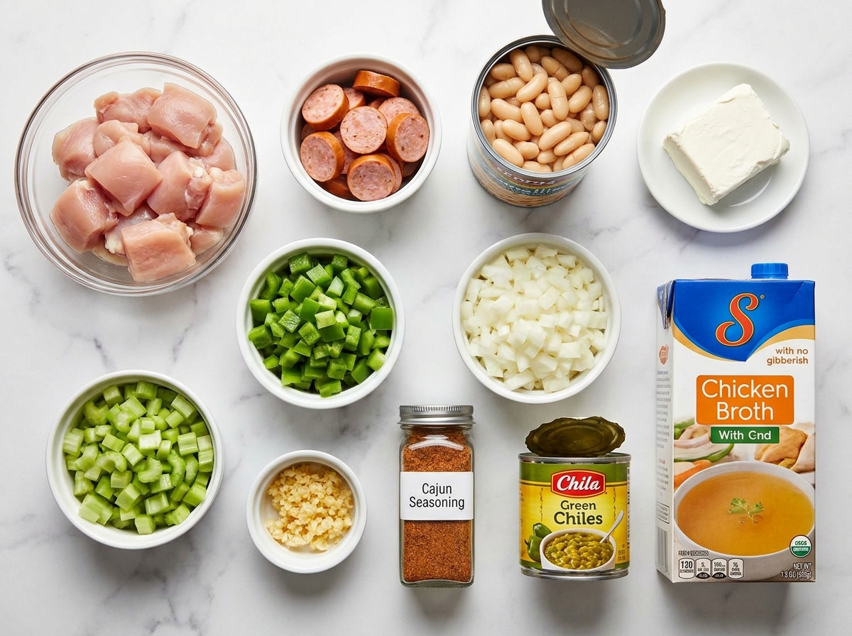 Raw ingredients for Cajun white chicken chili on a wooden counter