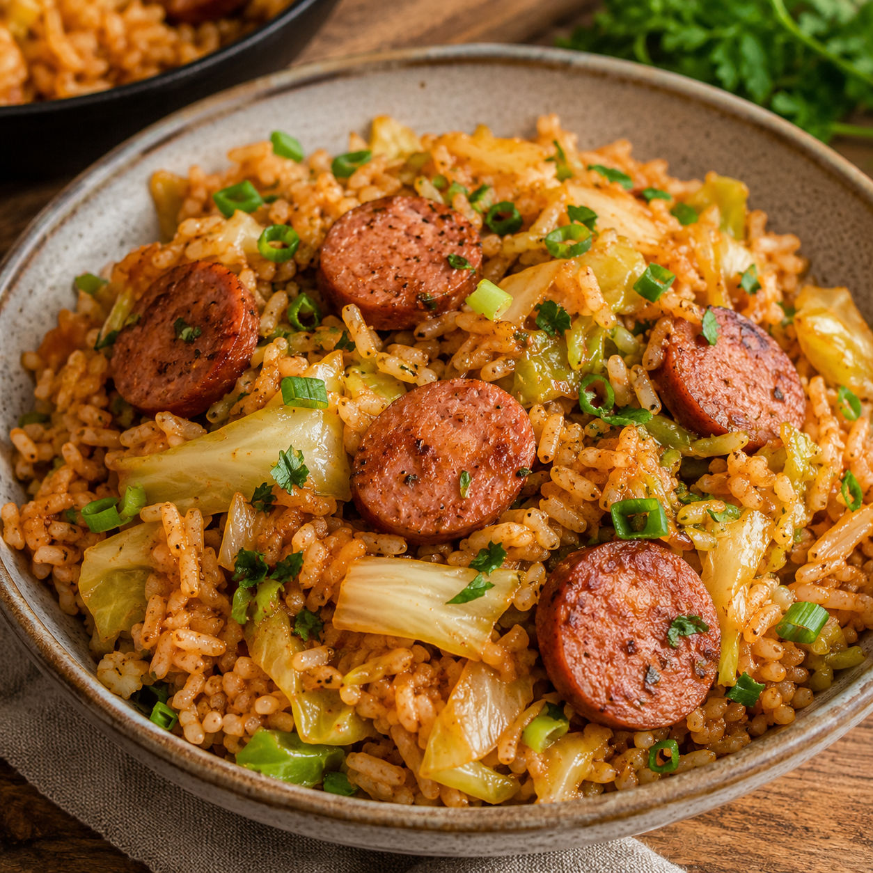 Cajun cabbage rice with browned sausage and parsley in a shallow bowl
