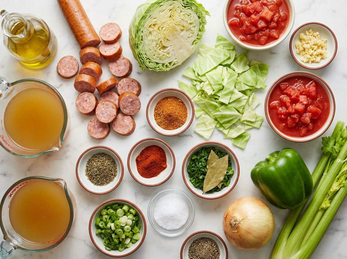 Raw sausage, cabbage, rice, tomatoes, vegetables, and Cajun spices
