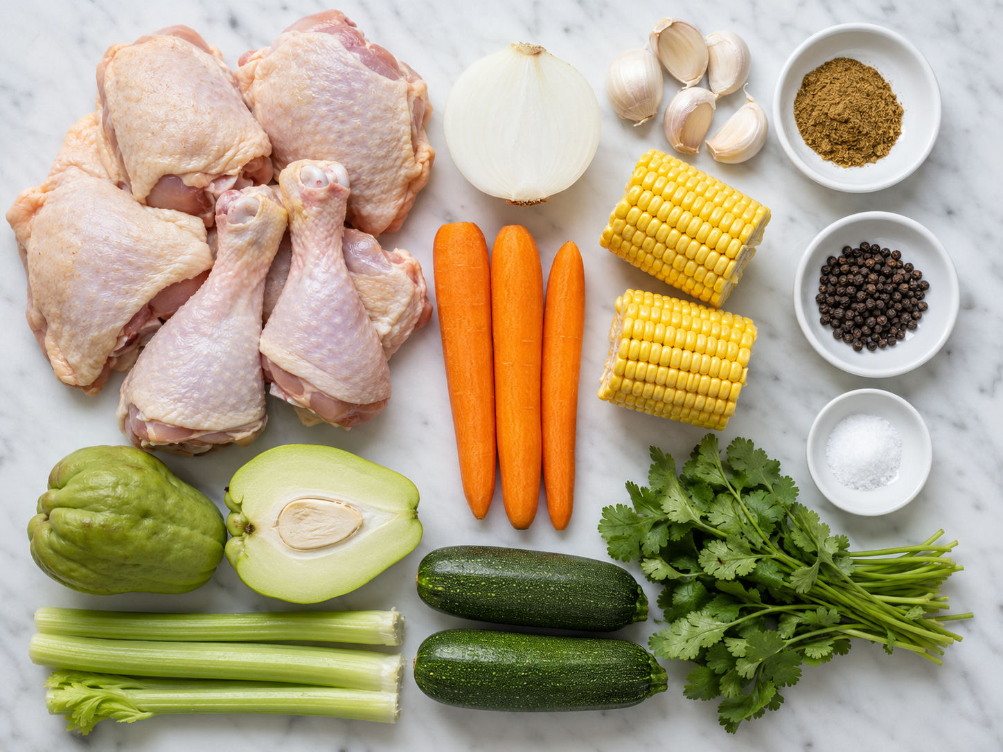 Raw ingredients for caldo de pollo on a wooden board including chicken, carrots, corn, zucchini, chayote, and cilantro