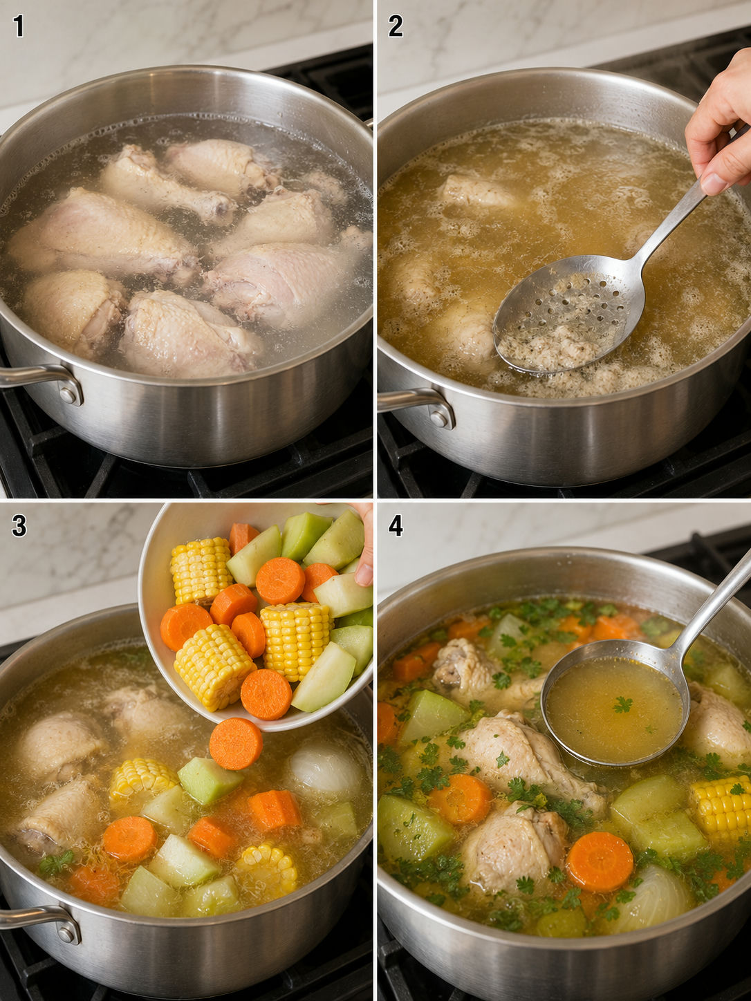 Four cooking steps for caldo de pollo from simmering chicken to ladling the finished golden soup