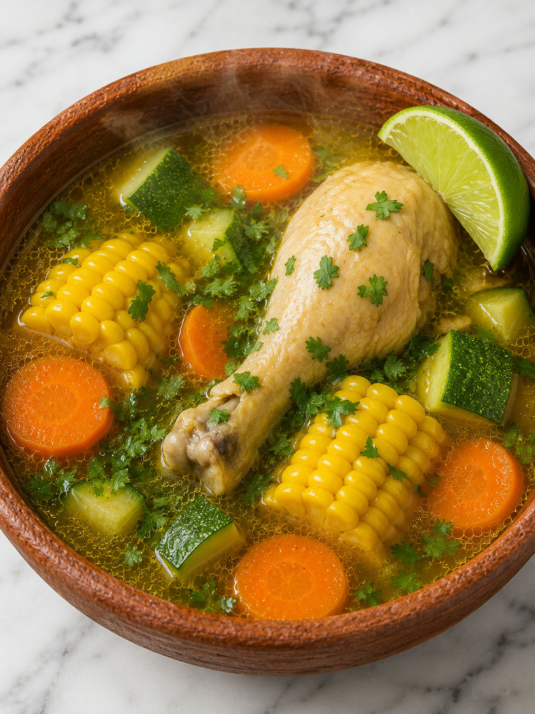 Overhead clay bowl of caldo de pollo with golden broth, chicken, carrots, corn, and fresh cilantro