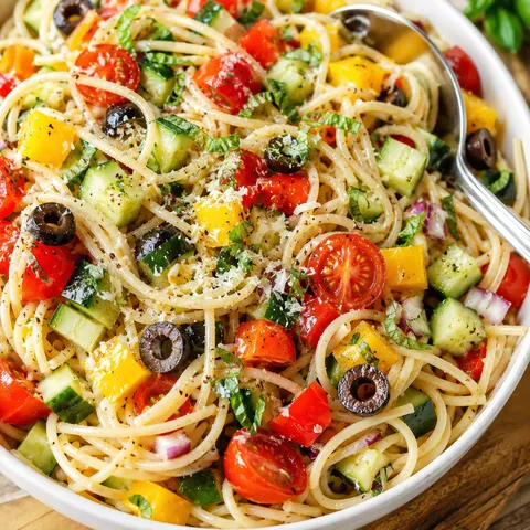 California spaghetti salad with fresh vegetables, olives, Parmesan, and basil