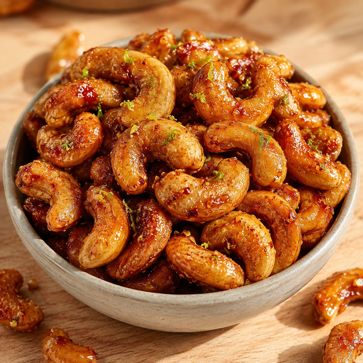 Candied cashews with lime zest and chipotle spice in a ceramic bowl