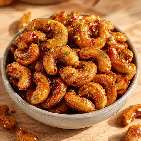 Candied cashews with lime zest and chipotle spice in a ceramic bowl