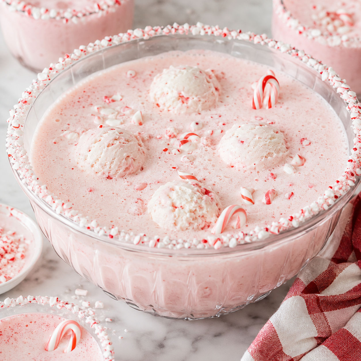 Creamy candy cane Christmas punch with peppermint ice cream and candy cane rims