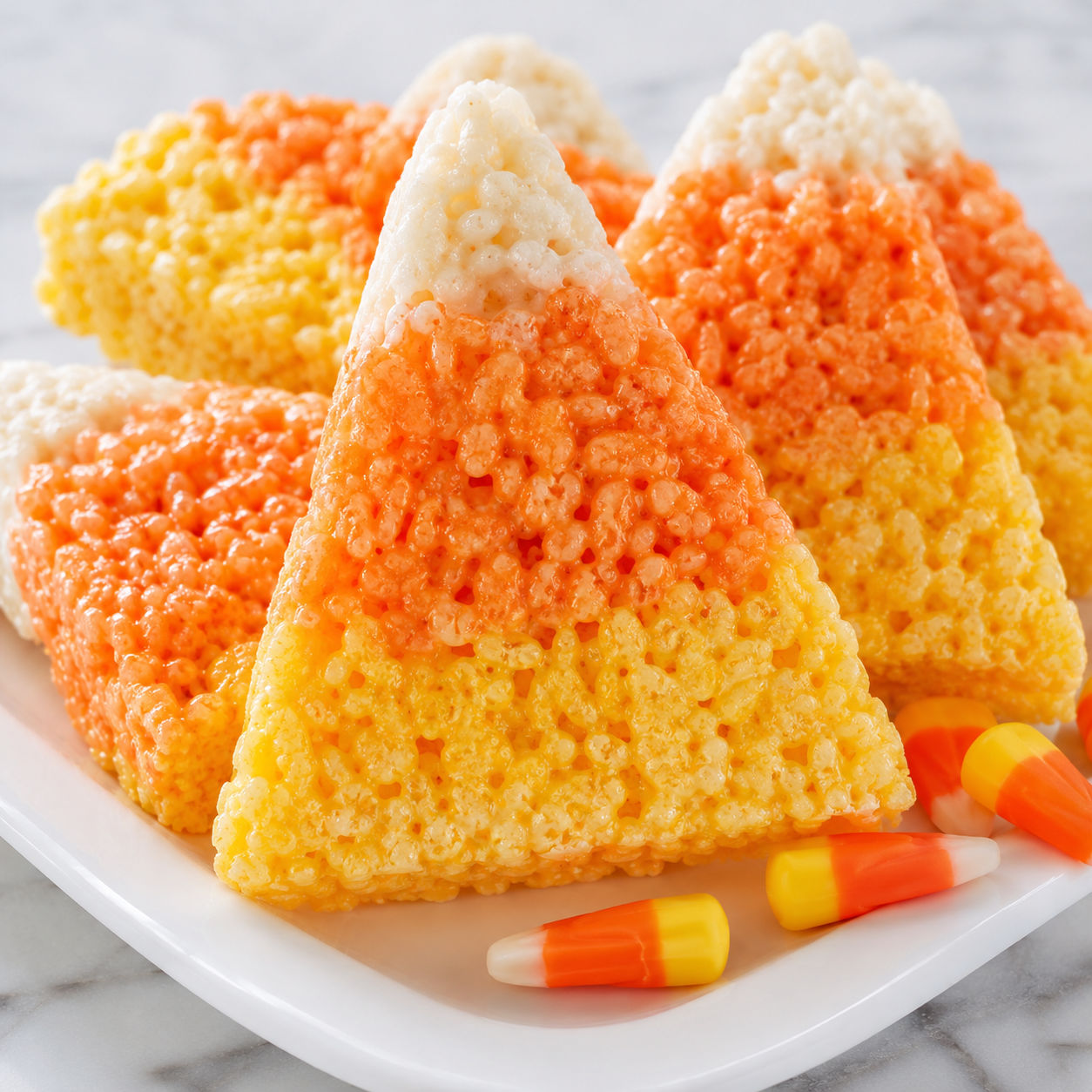 Candy corn Rice Krispie treat wedges with yellow orange and white layers