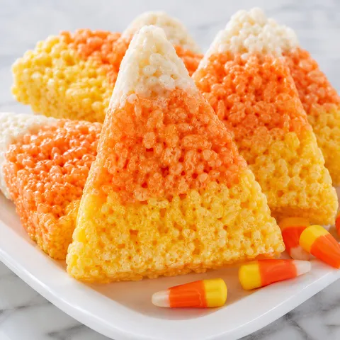 Candy corn Rice Krispie treat wedges with yellow orange and white layers