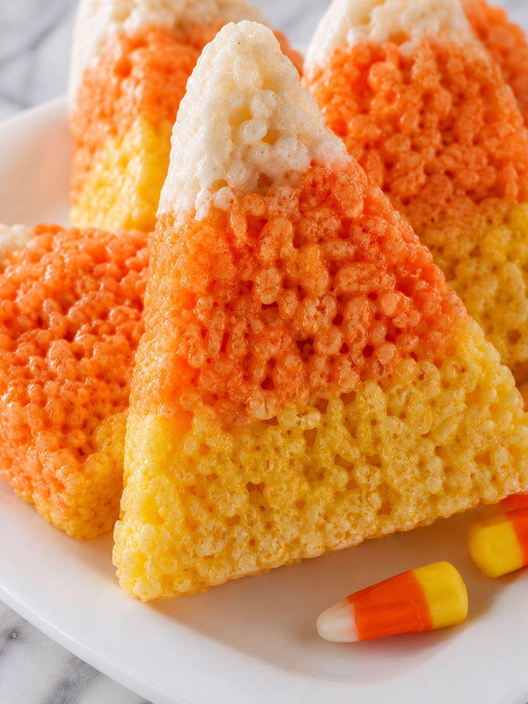 Candy Corn Rice Krispie Treats, plated and served