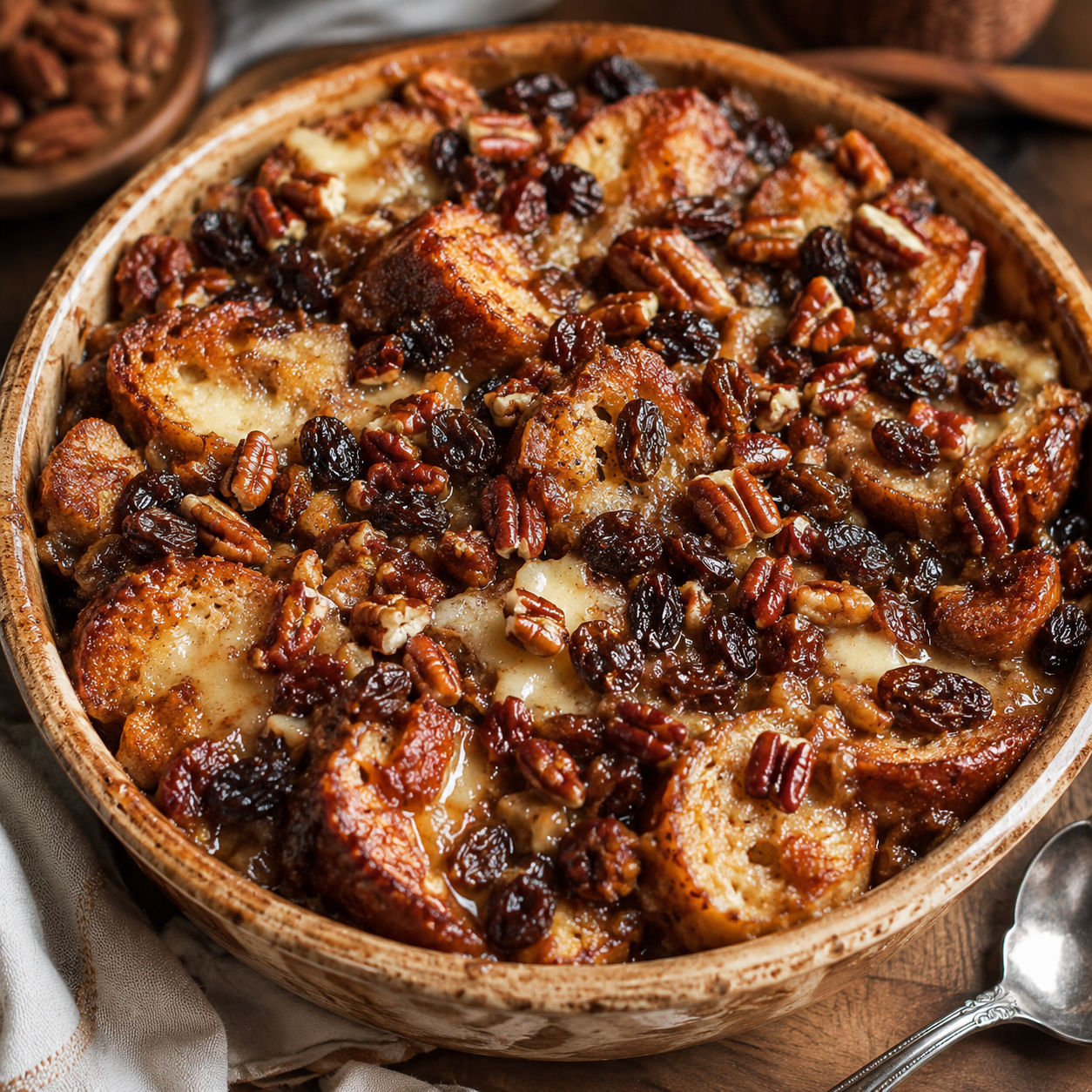 Capirotada with raisins, pecans, and melted cheese in a ceramic dish