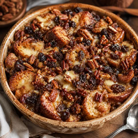Capirotada with raisins, pecans, and melted cheese in a ceramic dish