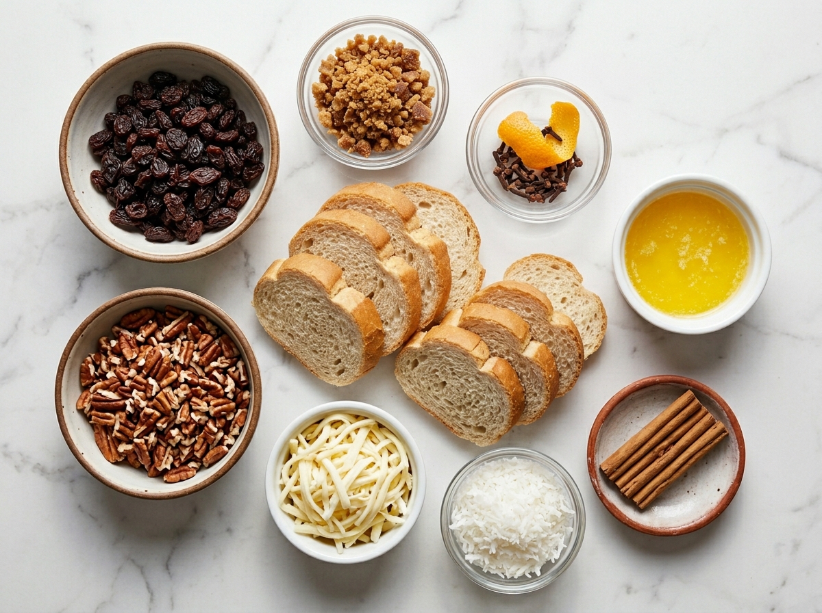 Ingredients for capirotada with bolillo, raisins, pecans, cheese, and piloncillo