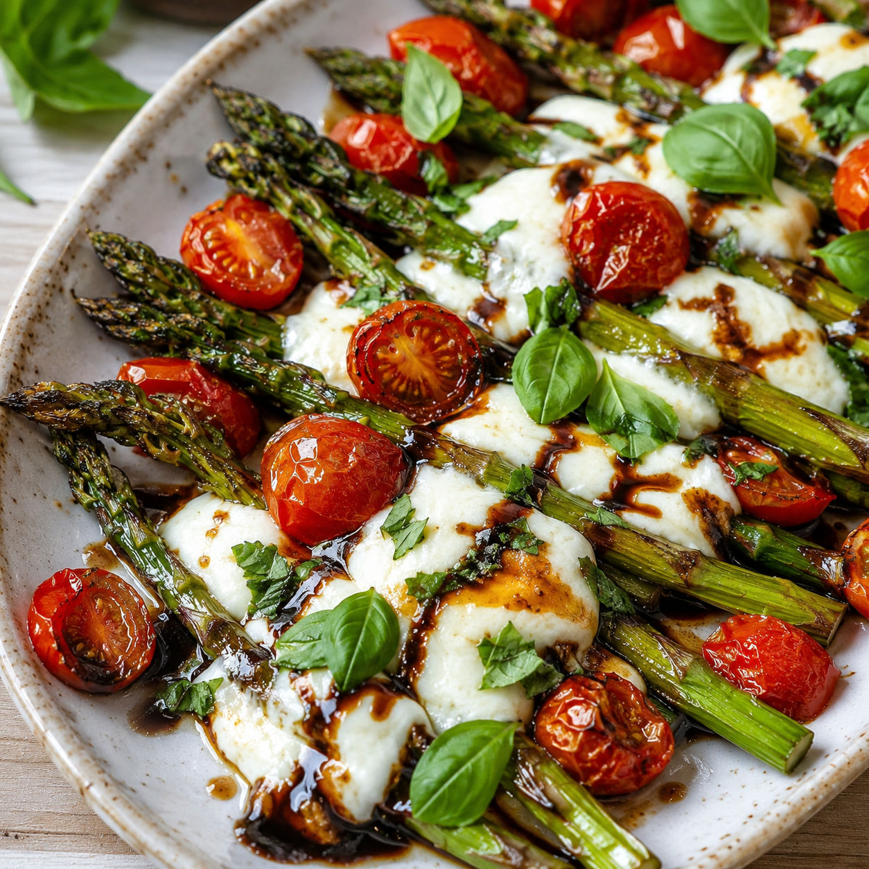 Caprese roasted asparagus with melted mozzarella, cherry tomatoes, and balsamic glaze on a ceramic platter