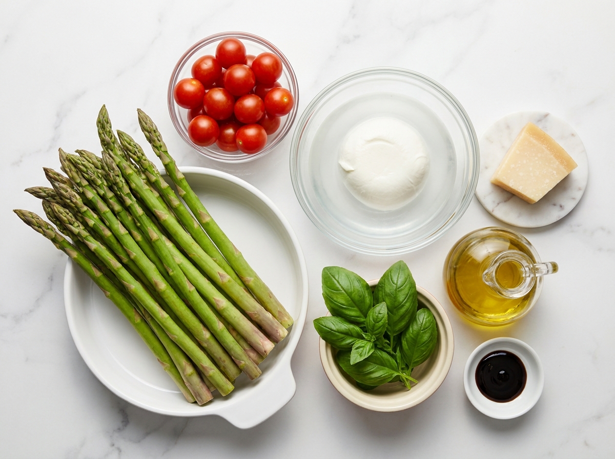 Raw asparagus, cherry tomatoes, fresh mozzarella, parmesan, and basil on a wooden board