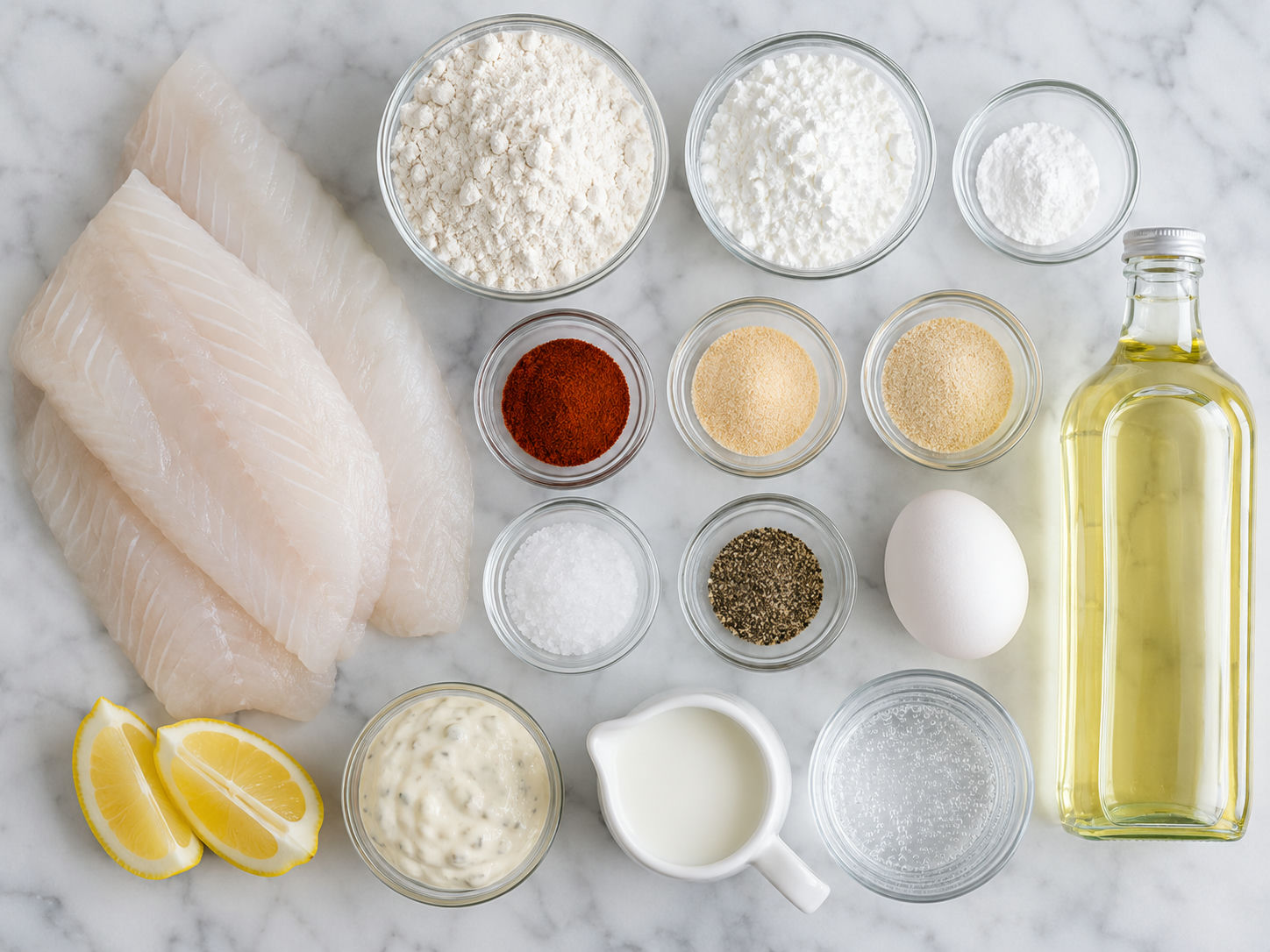 Ingredients for batter dipped fish with white fish, flour, spices, milk, and lemon