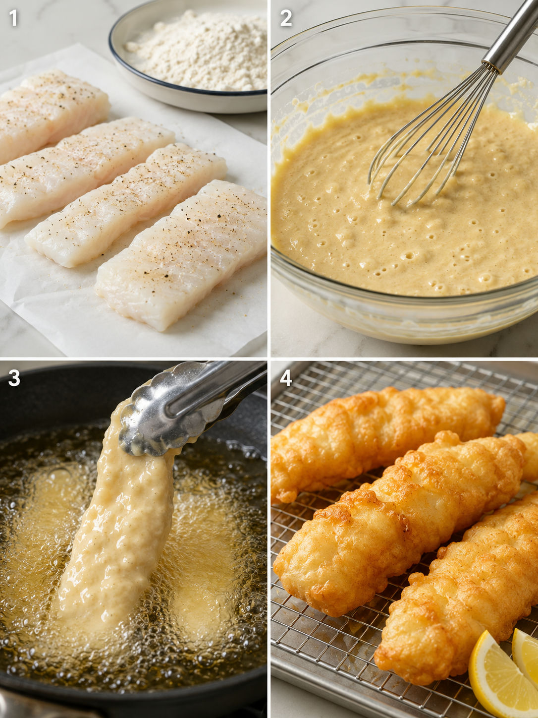 Four steps for making golden batter dipped fish at home