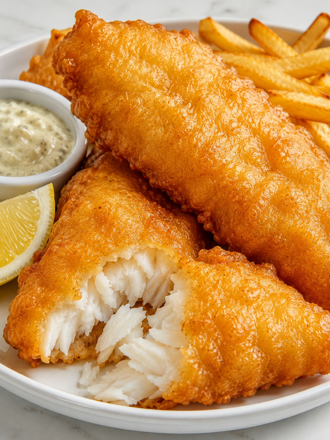 Golden batter dipped fish fillets with flaky white fish, lemon, and tartar sauce