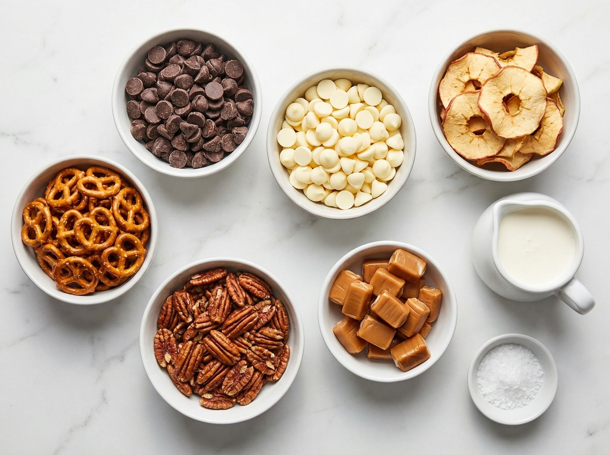 Ingredients for caramel apple bark with chocolate, apple chips, pretzels, and caramel