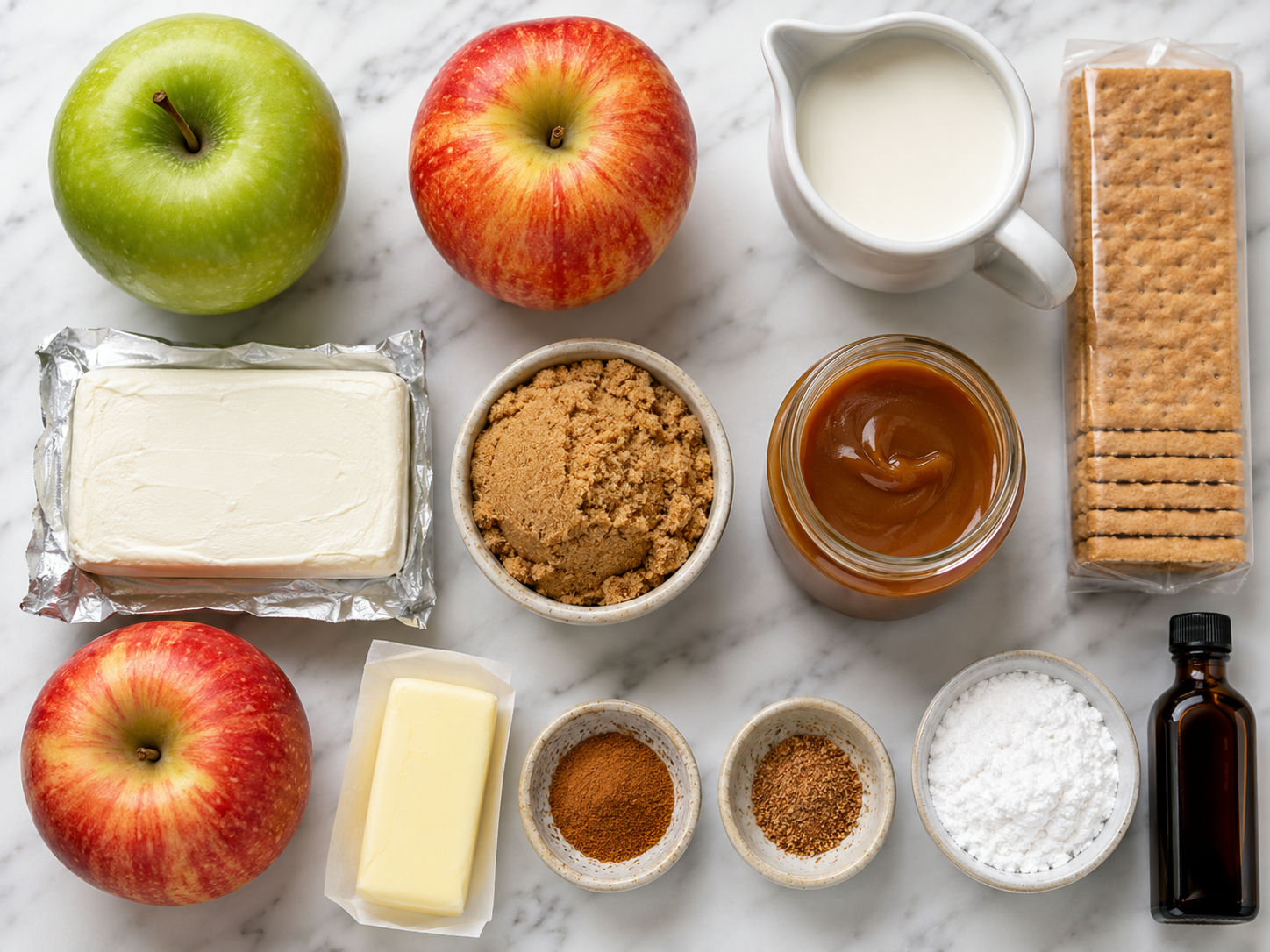 Raw ingredients for caramel apple dessert cups on a marble surface