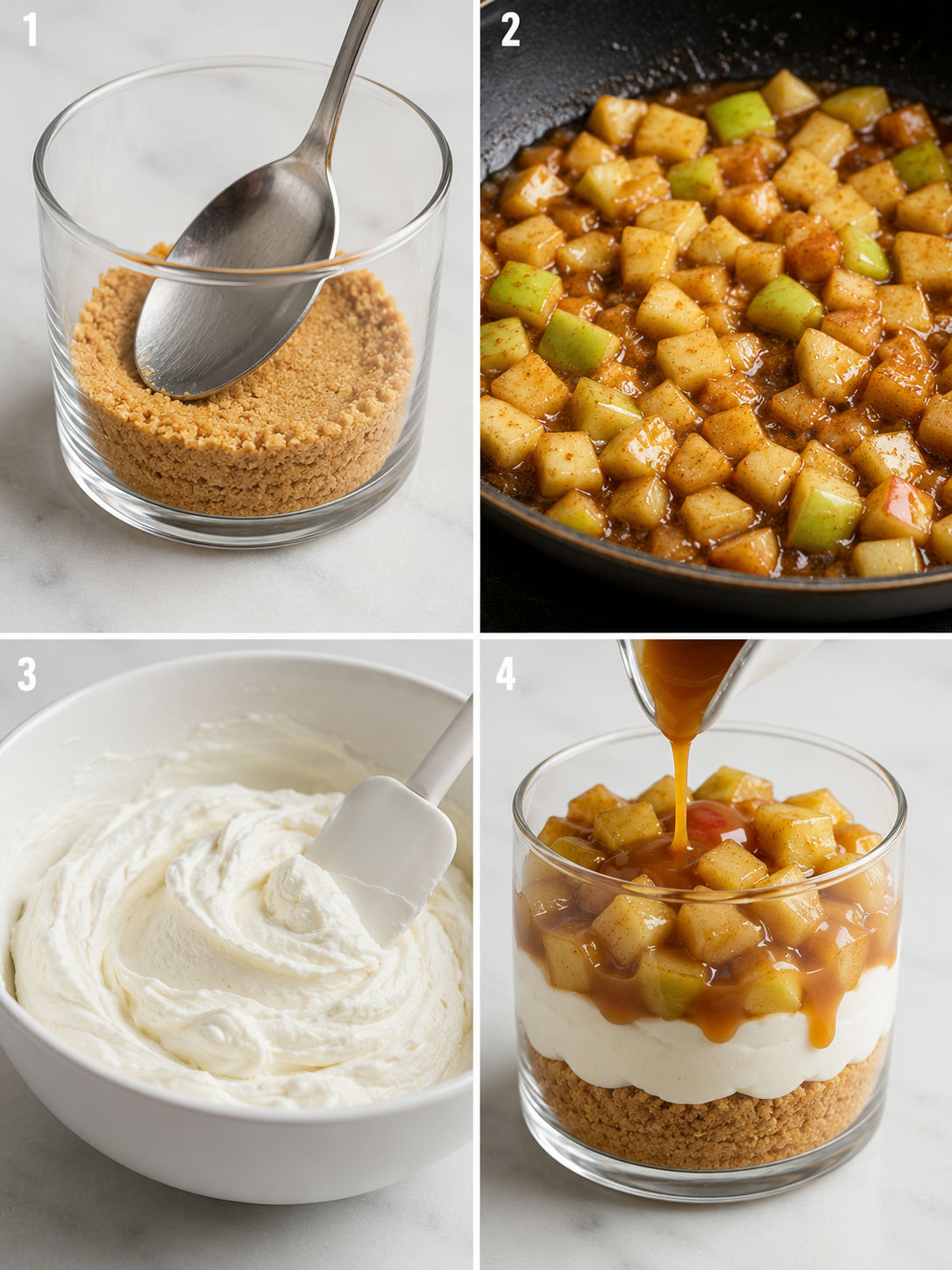 Four steps for caramel apple dessert cups from pressing the graham base to drizzling caramel