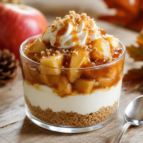 Caramel apple cheesecake dessert cup with graham crumbs and caramel drizzle
