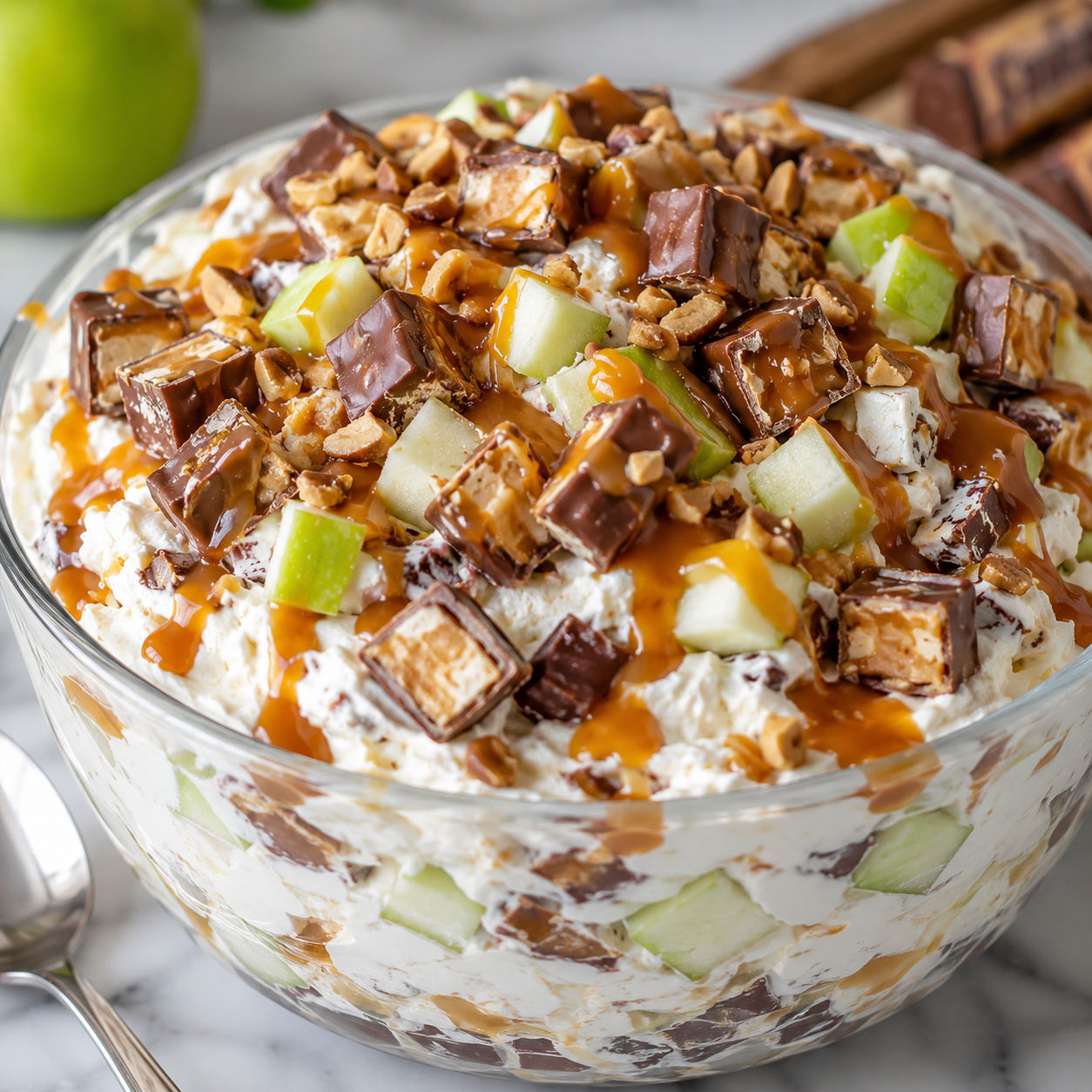 Caramel apple dessert with Snickers and caramel drizzle in a glass bowl