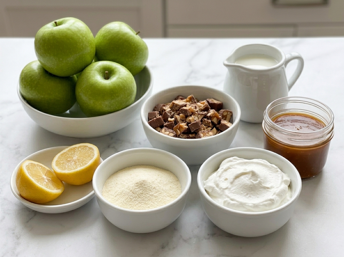 Ingredients for caramel apple Snickers dessert on a marble counter
