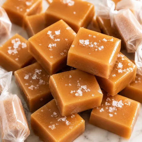 Soft homemade caramel candy squares with flaky salt and wax paper