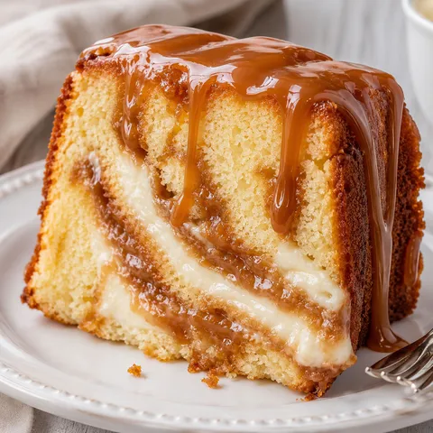 Caramel cream cheese pound cake slice with caramel ribbons and drizzle