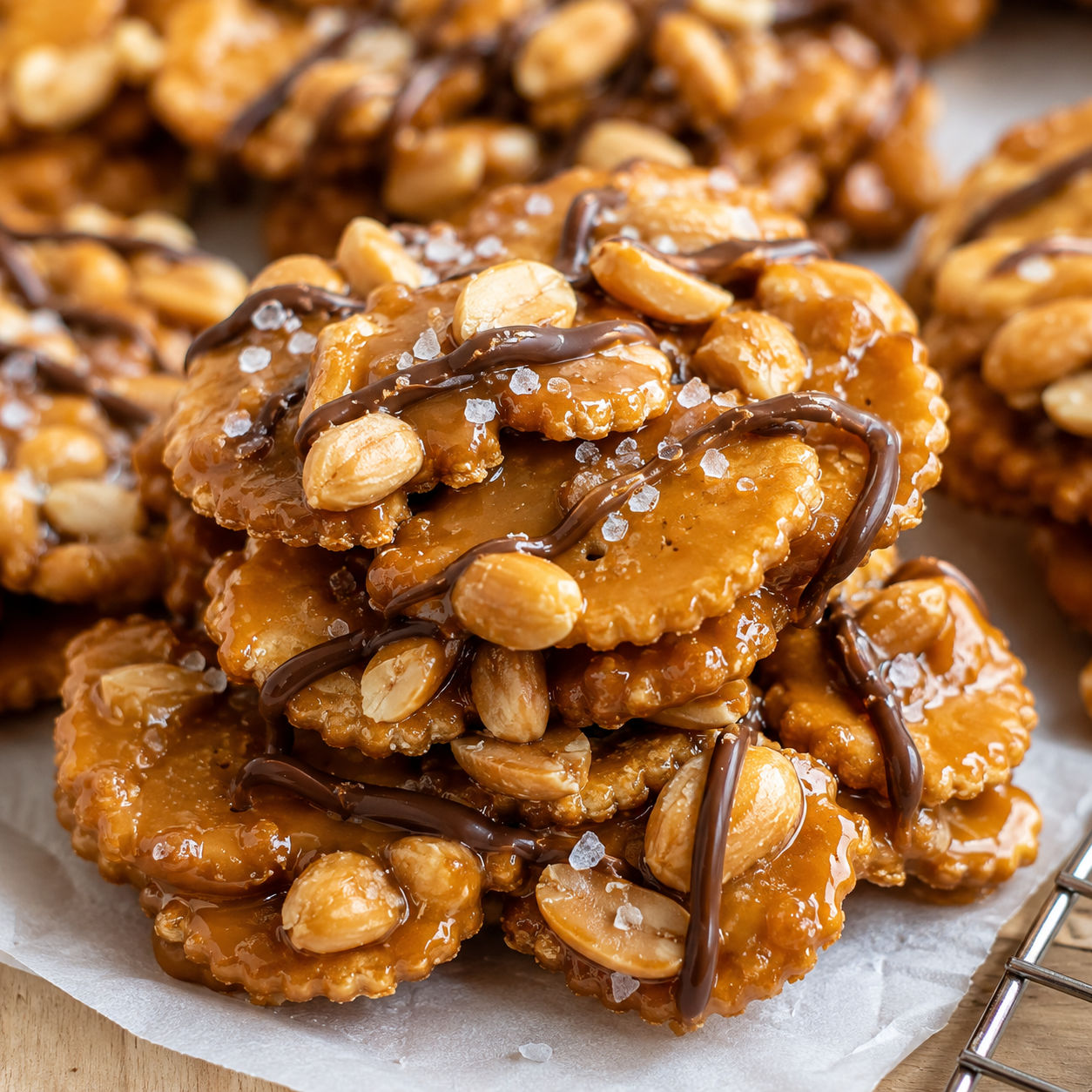 Caramel peanut Ritz cracker clusters with chocolate drizzle and sea salt