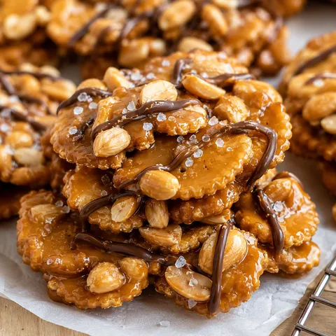 Caramel peanut Ritz cracker clusters with chocolate drizzle and sea salt