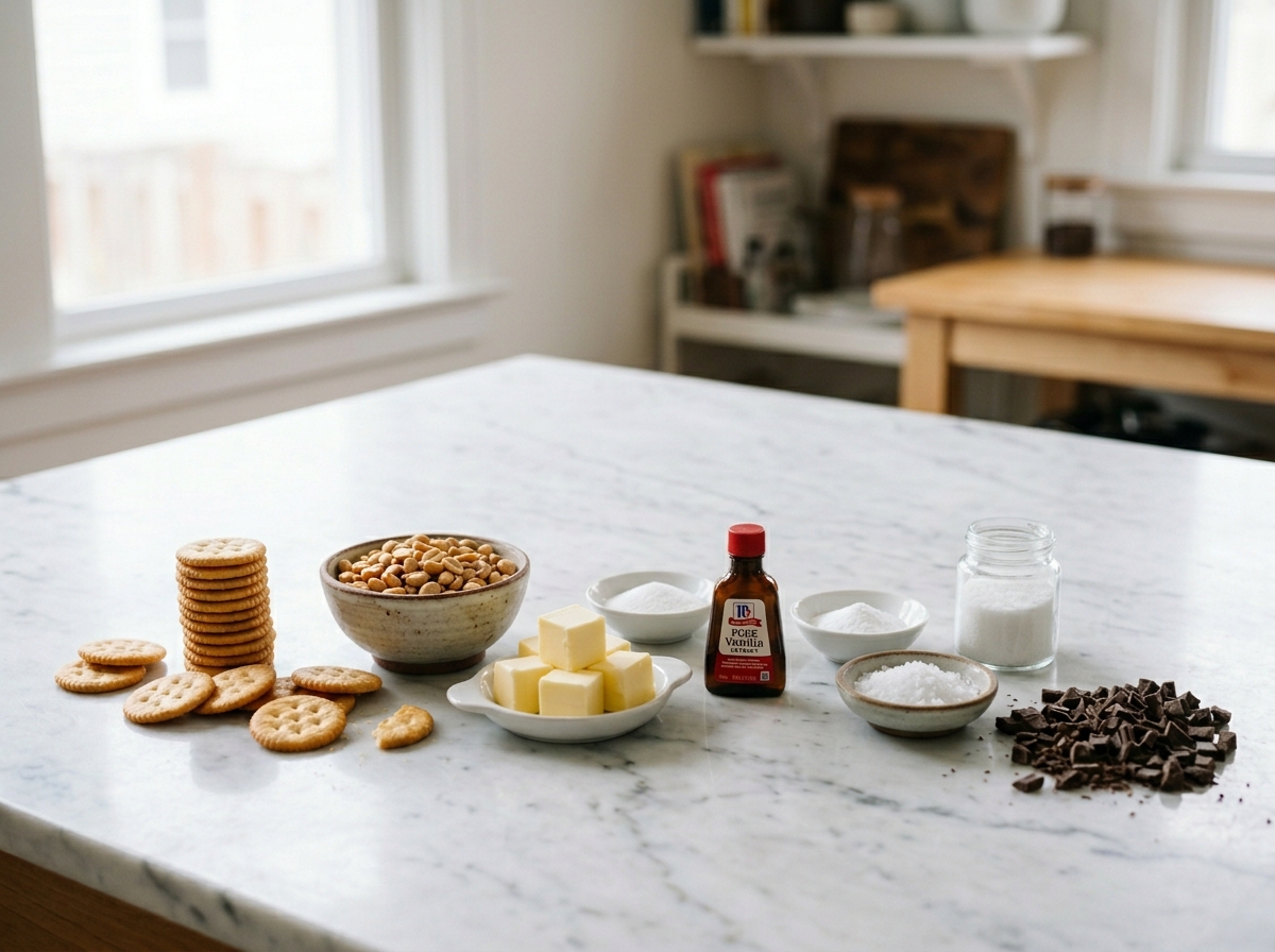 Ingredients for caramel peanut Ritz cracker treats on a wooden table