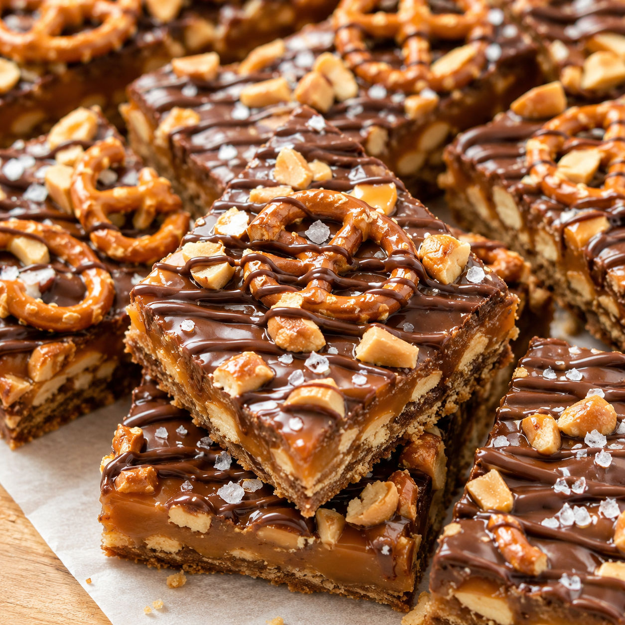 Caramel pretzel crack bars with chocolate drizzle and salted peanuts