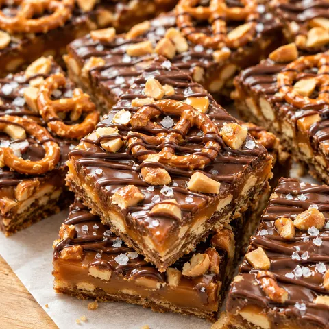 Caramel pretzel crack bars with chocolate drizzle and salted peanuts