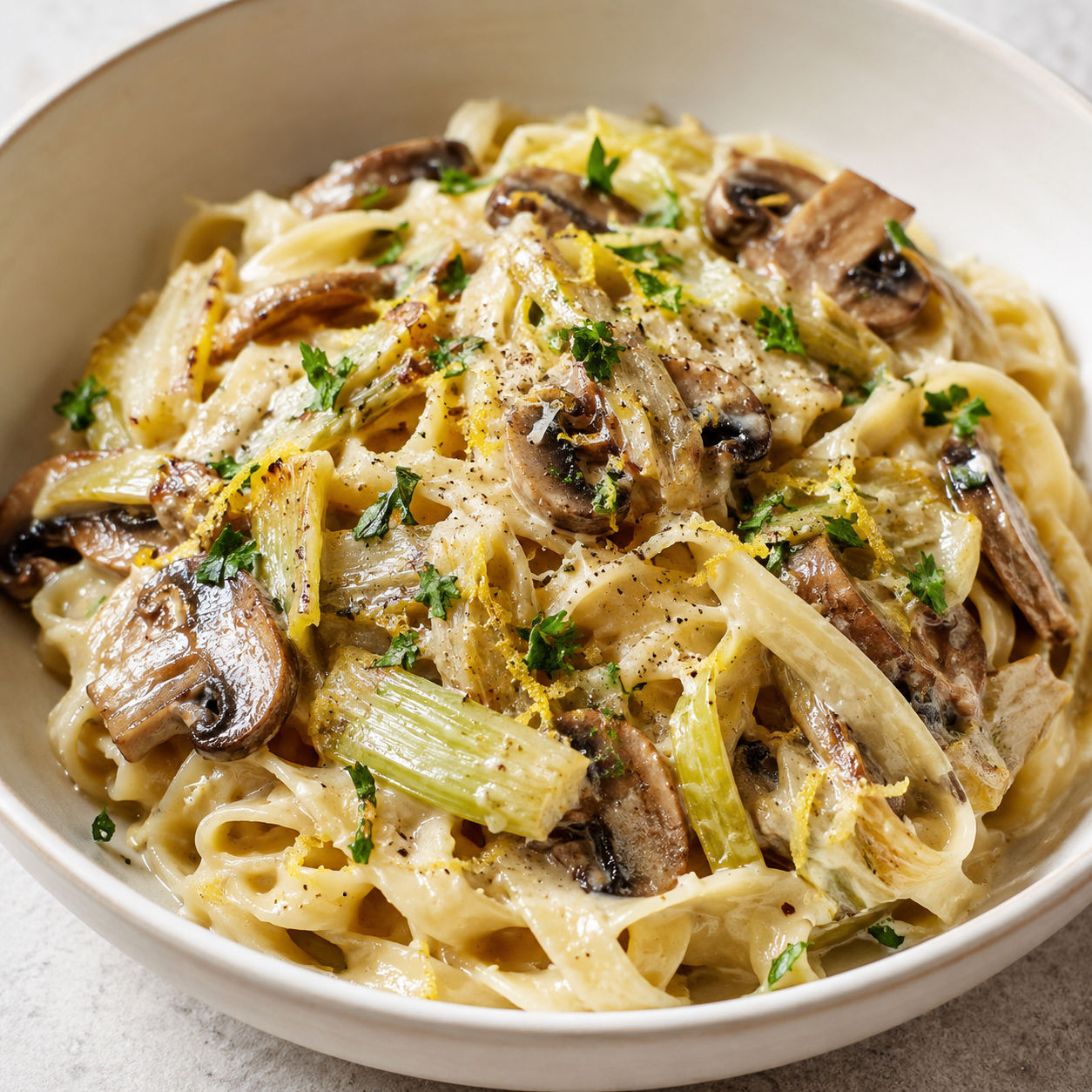 Caramelized leek and mushroom Gruyere pasta with parsley in a shallow bowl