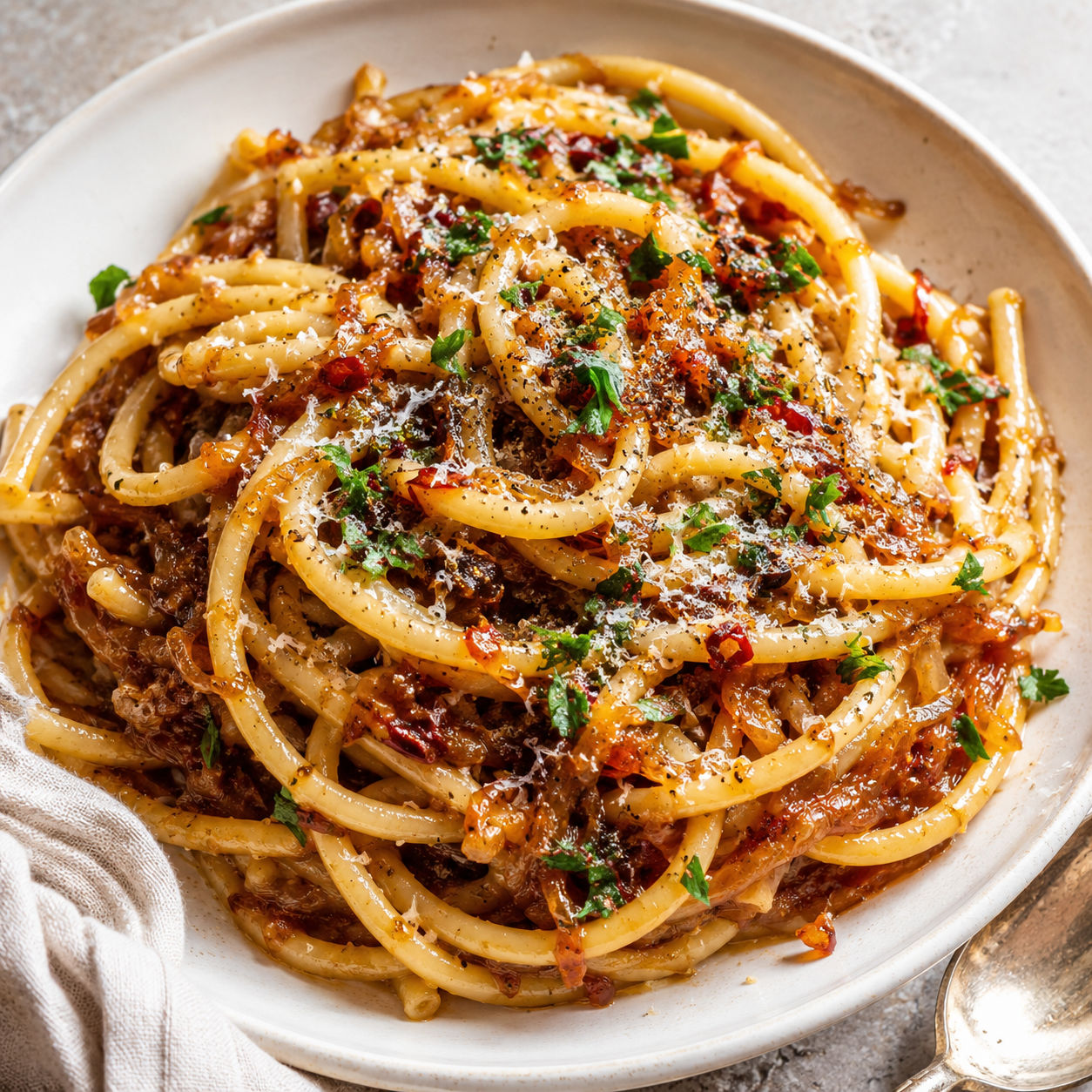 Caramelized onion pasta with chilli oil, parmesan, and parsley