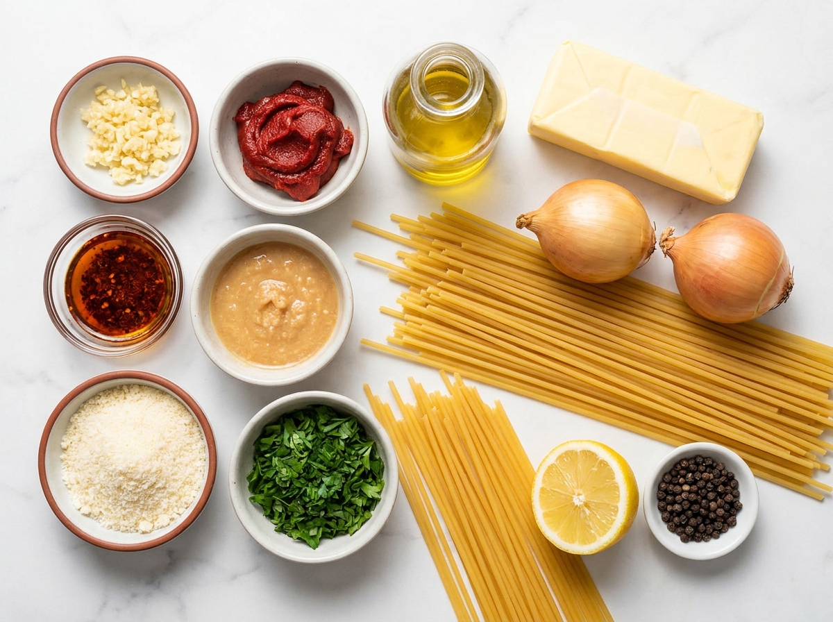 Ingredients for caramelized onion pasta with chilli oil on a stone counter
