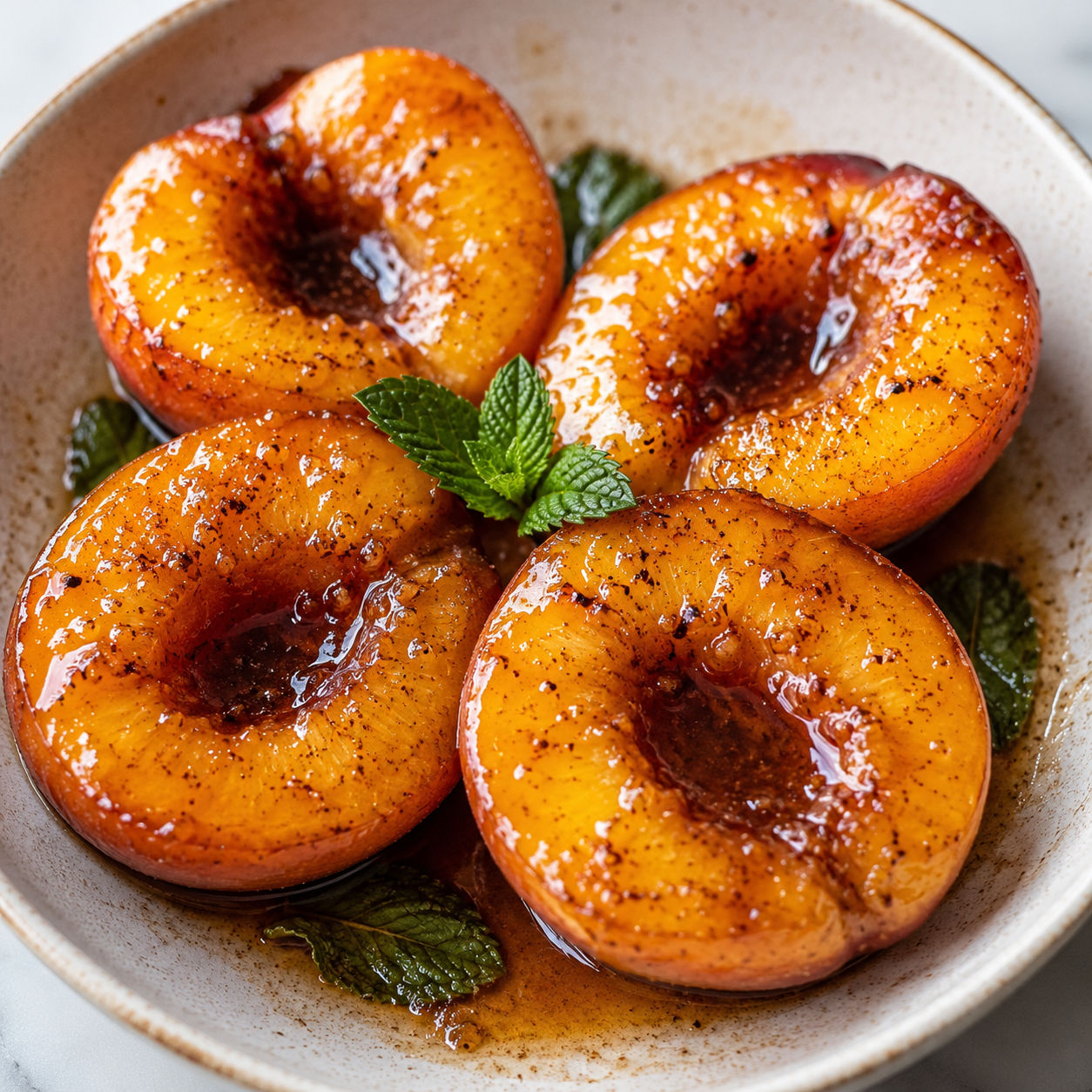 Caramelized cinnamon ginger peaches with syrup and mint in a bowl