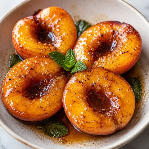 Caramelized cinnamon ginger peaches with syrup and mint in a bowl