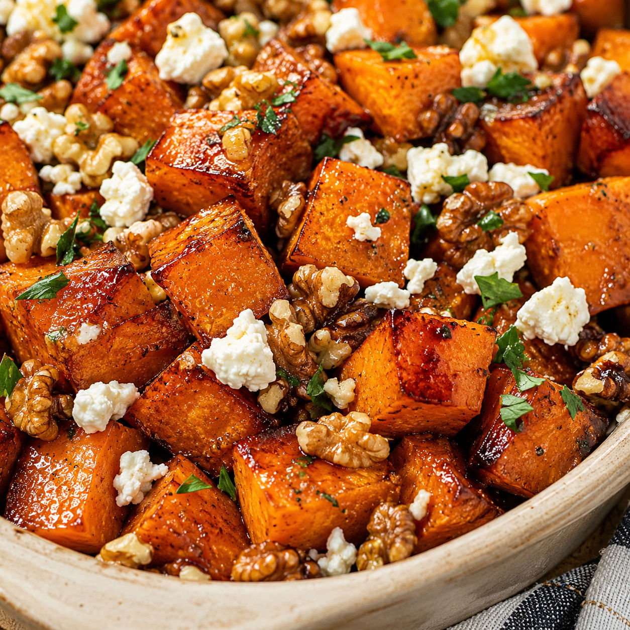 Maple caramelized sweet potatoes with feta, walnuts, and parsley
