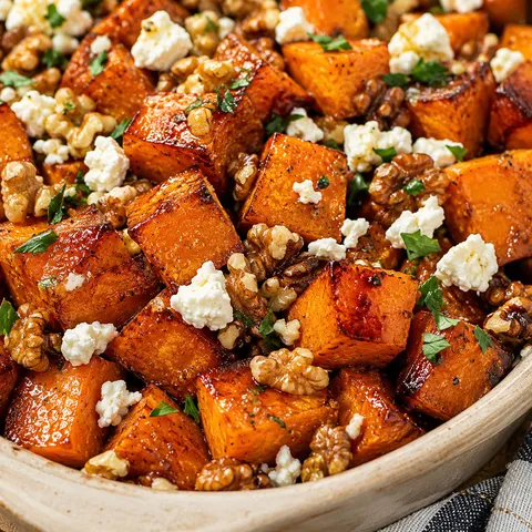Maple caramelized sweet potatoes with feta, walnuts, and parsley