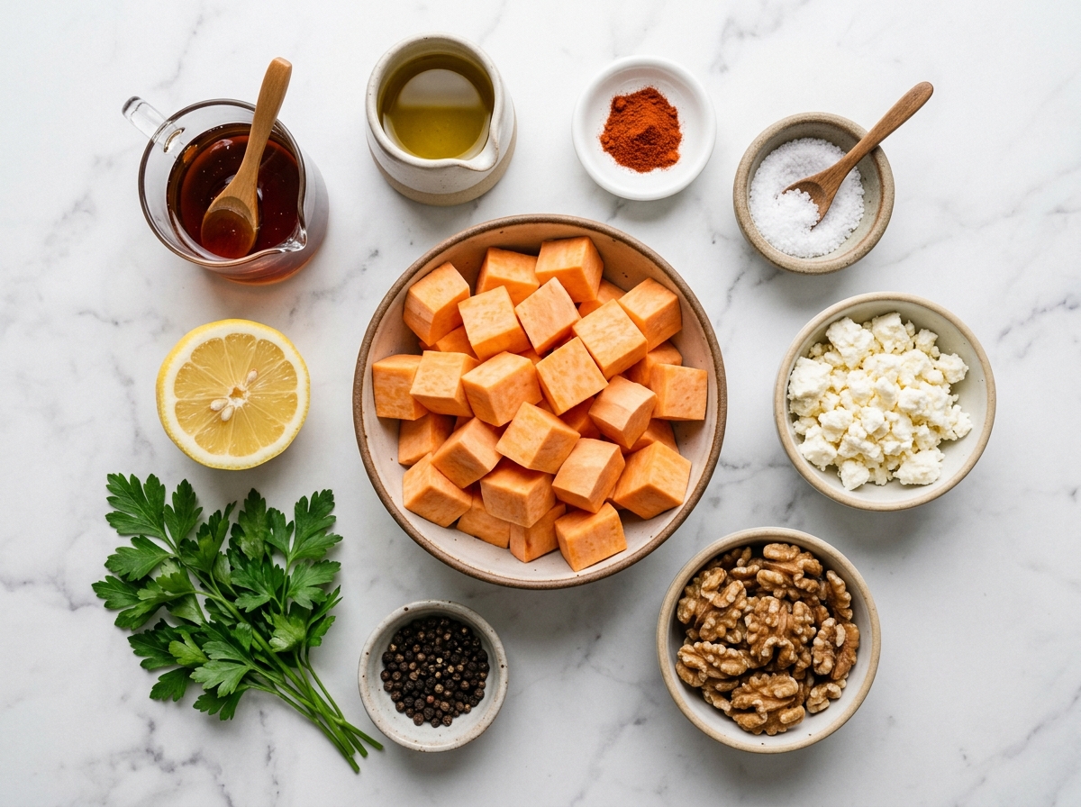 Sweet potatoes, maple syrup, feta, walnuts, parsley, and spices