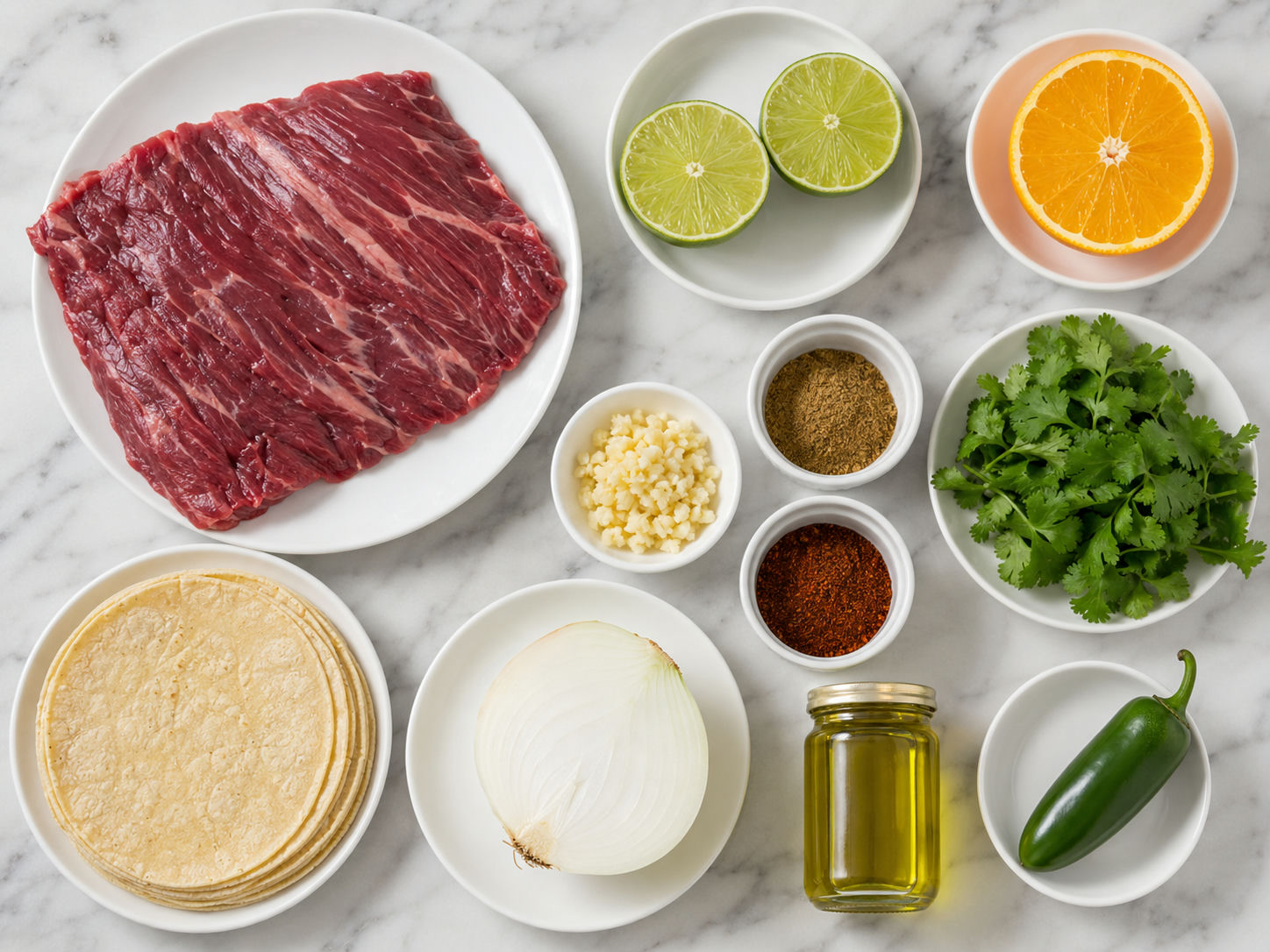 Raw ingredients for carne asada street tacos including skirt steak, citrus, spices, and corn tortillas on wood