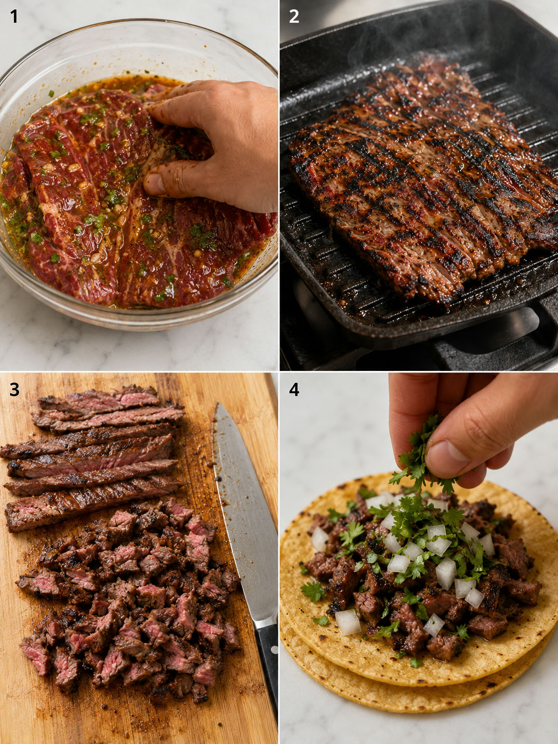 Four cooking steps for carne asada street tacos from marinating to assembling