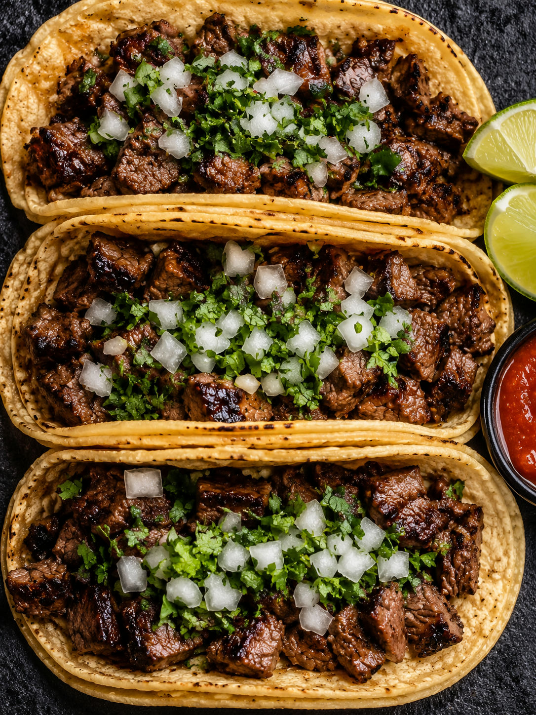 Overhead carne asada street tacos on corn tortillas with white onion, cilantro, and salsa on dark slate